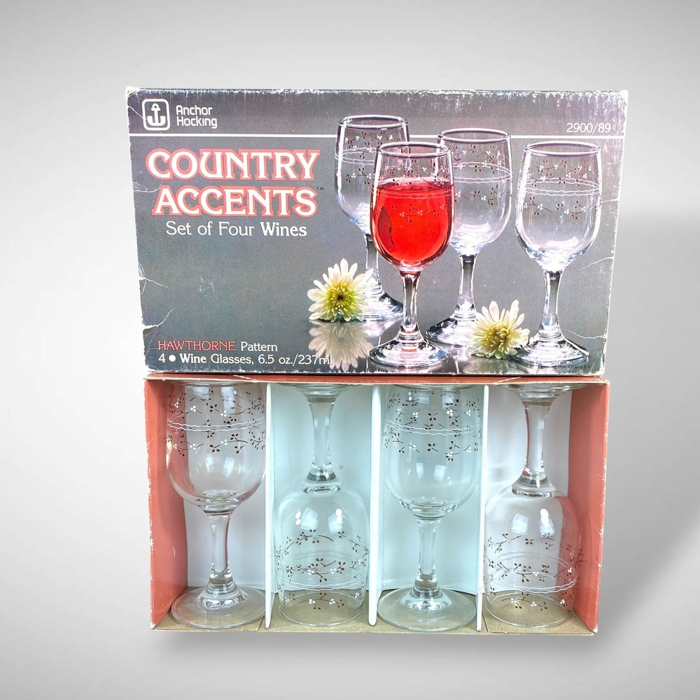 Anchor Hocking Country Accents Hawthorne Wine Glasses Set 4 Floral Goblets 1980s